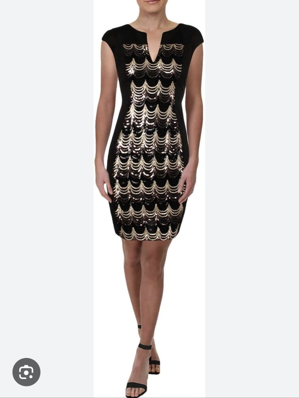 CONNECTED APPAREL Black Midi Dress with Gold & Silver Sequin Scallops